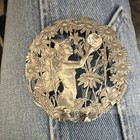 Rafael Signed Pewter Fairy Art Nouveau Round Floral Clear Rhinestone Brooch