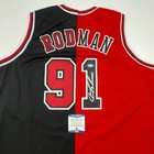 Autographed signed Dennis Rodman Chicago Split Red black Jersey Beckett Bas Coa