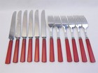 12 Pc Vtg Red Bakelite Handle Stainless Flatware Set Forks Knives