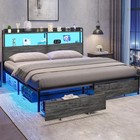 King queen full Size Bed Frame With Led   Storage Headboard  Metal Platform Bed