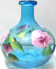 Beautiful Art Glass Bottle Vase Hand Painted Flowers Crackle Base Blue Heavy