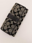 Coach Signature Long Wallet Black Beige Canvas Leather Snap Closure