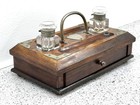 Antique Wooden Desk Inkwell Double Glass Ink Pen Stand With Drawer