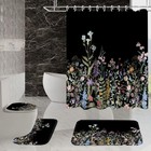 4pcs Black Flower Bathroom Shower Curtain Set With Rugs