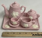 Vintage Child   s Miniature Floral Bisque Tea Set 8 Pc Raised Relief Flowers Pink