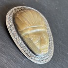 Large 1940s Mexico Sterling Silver Face Brooch Green Stone Q3