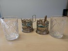 Vintage Soviet   Cupronickel Coasters   Tea Glass Holder With Crystal Glasses