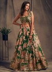 Indian Choli Lehenga Set Red Green Silver Floral Embroidered With Dupatta