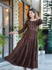 Indian Women Brown Rayon Embroidered Anarkali Flared Kurta Kurti Beautiful Dress