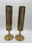 Vintage Hollywood Regency Solid Brass Caged Column Taper Candle Holders Pair