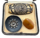 Lot Of 3 Antique Old Victorian Buttons Cut Steel Bakelite Amber Carved Lrg Fancy