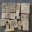 Huge Wood Mounted Rubber Stamp Lot 60  Pc Vintage Destash Christmas Holidays Cra