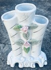 Vtg Victorian Triple White Bud Vase With Floral Design   Gold Gilt  please Read 