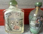 Perfume Snuff Bottles Set Of 3 Inside Reverse Handpainted Glass Jade Tops Vtg