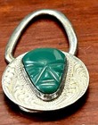 Vintage Sterling Silver Keyring Carved Green Onyx Tribal Face Mexico Marked