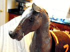 1890 s German-horse Pull Floor Toy-plaster   Wood W Cast Iron Wheels