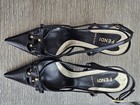 Fendi Black Leather Bow Logo Slingback Stiletto Pointed Toe Heels Women Eu 39 5