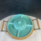 Mid Century Modern Lazy Susan Chip And Dip Set Vintage 1960s Turquoise Ceramic