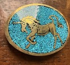Vintage Oval Belt Buckle Rare Solid Metal Brass With Unicorn Design In Turquoise