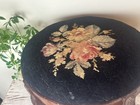 Antique Needlepoint 15    Round Footstool Floral Pattern Wooden Legs Foot Rest