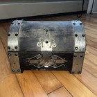 Vintage Amber Glass Liquor Decanters   Shot Glasses Wood Chest Bar Set