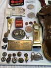 Junk Drawer Lot Vintage Military Pins Lighter Baseball Cards Holster Waterford