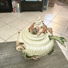 White green Glossy Ceramic Nautical Sea Shell Tureen W  Lid   Handles