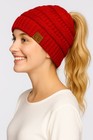 C c Women Beanie Tail Ponytail Messy Bun Solid Ribbed Knit Beanie Hat Cap