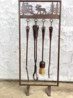 Vintage Wrought Iron Fireplace Tool 5-pc Set Western Rustic Wilderness Hunting