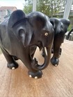 Large 7 5kg Pair Of  Ebony Hand Carved Wooden Elephants
