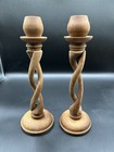 Handmade Wood    open    Barley Twist Candlestick Holders Pair 2016 Signed 