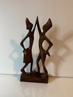 Vintage African Tribal Hand Carved Wood Couple Man Woman Figures High Fiving Art