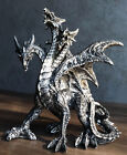 Gothic Silver Three Headed Dragon Hydra Roaring Statue 8  Tall Figurine Decor