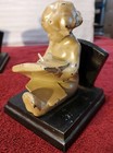 Antique Bookends Cast Metal Child Reading Writing Book Old Vintage