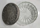 Vintage Powder Or Vanity Dish Crystal Glass W embossed Plated Lid Marked Ss