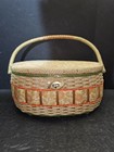 Vintage Oval Woven Wicker Sewing Basket W  Handle Floral Lining Made In Japan