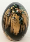 Asian Handpainted Ceramic Egg Black Gold Trimmed Pagoda Forest Waterfall  6 5 