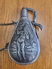 Vintage Gun Powder Flask Metal With Zeus  or A Druid  One Side Goddess On Other