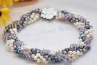 6 Strands Natural White Black Baroque Pearl Faceted Purple Crystal Necklace 18in