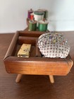 Rare Vtg Wooden Cobbler s Bench Pin Cushion sewing Thread Spool button Holder