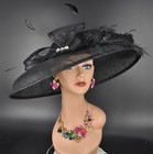 Church Kentucky Derby Hat Carriage Tea Party Wedding Wide Brim Black