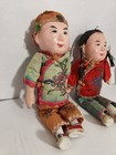 Pair Antique Chinese Composition Character Dolls Silk And Embroidered Clothes 