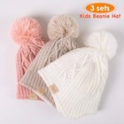 Baby Beanie Hat  Winter Warm Knit Cap With Pom Pom For Girls  Beige pink white