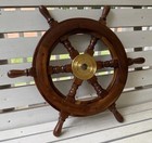 Vintage Wooden Ship   s Wheel Nautical Decor Brass Center 8 Spoke Helm Wall Art