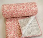 Indian Cotton King Size Hand Block Print Kantha Handmade Quilt Bedspread Blanket