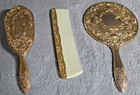Vintage Gold Tone  3 Piece Vanity Set Hand Mirror Hair Brush Comb Ornate Floral