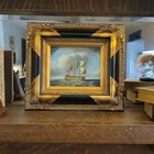 Vtg antique Oil Painting Signed American Barque At Sea In Ornate Gilded Frame