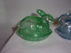 Bunny Rabbit On Nest Trinket Candy Dishes Blue   Green Pressed Glass Vntg Guc
