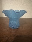 Vintage Large Glass Hand Blown Ruffle Vase Blue And White Dots Art Glass