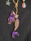 Whimsical Sea Large Gold Purple Mermaid On Vintage Retro Chain  2 Ocean Earrings